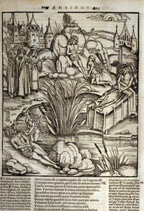 Eneide de Virgil (70 pne-19 pne), Księga XII, bohaterowie trojańscy Enee zostaje cudownie potraktowany przez Wenus, po czym postanowił szturmować miasto Latinus. Umiera król Lacjum (po prawej) i to Enee zostanie królem, który poślubi córkę zmarłego Lavinie autorstwa Unknown artist