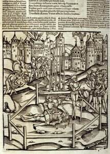 Eneide de Virgil (70 pne-19 pne), Księga XII, bohaterowie trojańscy Enee zabija w bitwie pod Turnusem na oczach łacinników i Rutuli. Ksylografia Sebastiana Branta (1458-1521). Strasburg autorstwa Unknown artist