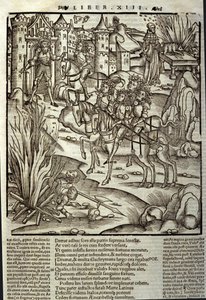 Eneide de Virgil (70 pne-19 pne), księga XIII (supplementum), trojański bohater Enee przyjmuje łacinników, składane są ofiary ku czci ofiar wojny. Ksylografia Sebastiana Branta (1458-1521). Strasburg autorstwa Unknown artist