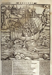 Eneide de Virgil (70 pne-19 pne), trojański bohater Enee i jego towarzysze przeprawiają się przez morze pełne syren. Ksylografia Sebastiana Branta (1458-1521). Strasburg autorstwa Unknown artist