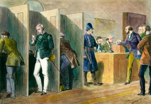 Angielska demokracja: Wewnątrz lokalu wyborczego podczas wyborów w Anglii z reprezentacją kabin do głosowania. Rycina XIX wieku. Dz. Na zewnątrz. autorstwa Unknown artist