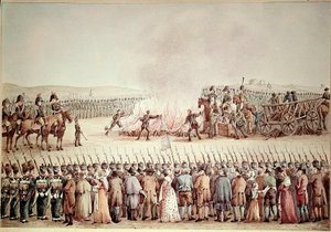 Towary angielskie zostały zniszczone na rozkaz Napoleona I Bonaparte podczas blokady kontynentalnej w 1806 roku. autorstwa Unknown artist