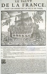 Grawerowane drewno. Broszura polityczna Mazarinade: „”Zbawienie Francji w ramionach miasta Paryża”” A - Dobry geniusz Francji, pochłaniający swój majestat (Ludwik XIII) we flocie królewskiej, B - Książę de Conty, C - Duc de Bouillon et de la Motte-Hauda autorstwa Unknown artist