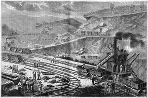 Rycina z 1885 przedstawiająca pracę drążenia Przesmyku Panamskiego. Widok jednego z ataków na stocznię Emperador. autorstwa Unknown artist