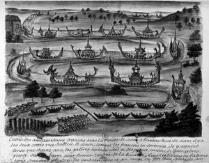 Wkroczenie ambasadorów francuskich do rzeki Syjamu – w „Podróżach Królestwa Syjamu, historyczne 1688”. autorstwa Unknown artist
