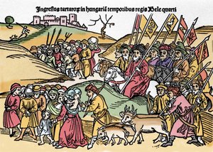 Wkroczenie Tatarów na Węgry pod panowaniem Beli IV (1235-1270) Węgier. Grawer z „Chronica Hungariae””. Biblioteca Marciana, Wenecja. autorstwa Unknown artist