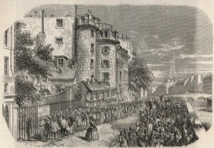 Wejście prefektury policji przy rue de Jerusalem na rogu Quai des Orfevres w Paryżu w XIX wieku przed 1871 - Grawerowanie w „Tableau-de-Paris” Edmonda Texiera 1852. autorstwa Unknown artist