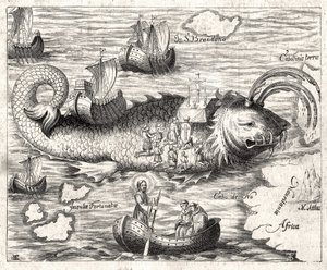 Epizod Legendy o św. Brandanie (Brendan): fantastyczna podróż irlandzkiego opactwa z VI wieku w poszukiwaniu ziemskiego raju. Druk z 1621 r. autorstwa Unknown artist