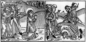 Epizod z życia św. Donata (zm. ok. 355) Rycina z „Leben der Heiligen - sommerteil” (Księga świętego) Jakuba (Jakuba) z Voragine (1228-1298). Lubeka 1488. autorstwa Unknown artist
