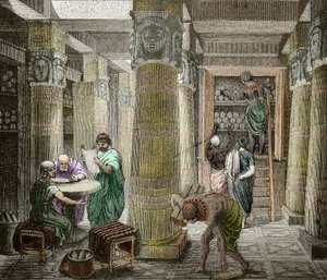 Erudyci w Bibliotece Aleksandryjskiej, zniszczona w 642 r., Egipt) (Widok Biblioteki Aleksandryjskiej, Egipt) XIX wiek (rycina) autorstwa Unknown artist