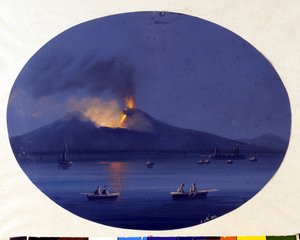 Nocna erupcja Etny widziana z morza u wybrzeży Katanii. Anonimowy obraz z XIX wieku. autorstwa Unknown artist