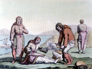 Eskimosi rozpalają ogień, pocierając kawałki drewna. autorstwa Unknown artist