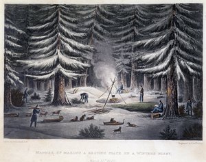 Założenie obozu podczas zimowej nocy – w „Opowieści o wyprawie nad brzeg morza polarnego w latach 1819-1821” Johna Franklina, wyd. Londyn autorstwa Unknown artist
