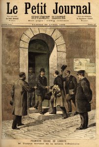 Eugene Turpin (1848-1927), chemik, wynalazca w 1884 melinitu (materiał wybuchowy), niesłusznie oskarżony o sprzedanie swojego wynalazku wrogowi, został niewinny i uwolniony z więzienia w Etampes. Grawer w „”Le petit journal”” 29.04.1893. Kolekcja Selvy autorstwa Unknown artist
