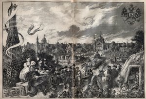 Ewokacja przyjaźni między Francją i Rosją oraz rosyjska wystawa, która odbędzie się w 1892 roku na Polach Marsowych w Paryżu - Grawerowanie w „”La Science francaise”” autorstwa Unknown artist