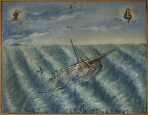 Ex-voto (ex voto) marynarz, popularna oferta jako rękojmia oddania i wdzięczności żeglarza przeżywającego niebezpieczeństwa morza, pochodzącego z kościoła Carmine, Torre del Greco, niedaleko Neapolu, 29.03.1894 Włochy autorstwa Unknown artist