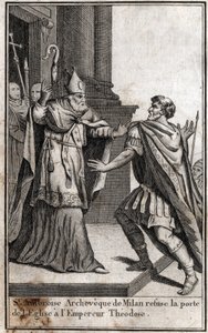 Ekskomunika: łuk św. Ambrożego z Mediolanu (Aurelius Ambrosius, Ambrogio di Milano (340-397) odmawia drzwi kościoła rzymskiemu cesarzowi Teodozjuszowi I (Flavius Theodosius) (347-395), aby ukarać go za masakrę w Salonikach w 390. Grawerowanie w autorstwa Unknown artist