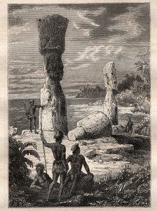 Wyprawa dookoła świata (1785-1788) Jeana Francois Galaup de La Perouse (1741-1788): rdzenni mieszkańcy Wyspy Wielkanocnej patrzący na monumentalne posągi (Moai) - ilustracja zaczerpnięta z „Wielkich Marynarzy XVIII wieku”” autorstwa Unknown artist