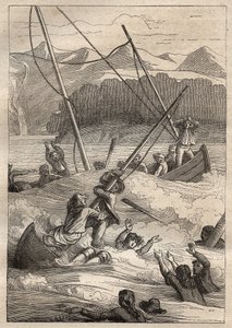 Wyprawa dookoła świata (1785-1788) Jeana Francois Galaup de La Perouse (1741-1788): wrak łodzi w porcie francuskim (Alaska) - ilustracja zaczerpnięta z „Wielkich Marynarzy XVIII wieku” autorstwa Unknown artist