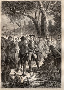 Wyprawa Nicolasa Thomasa Marion-Dufresne (Marion Dufresne) (1729-1772): Marion wysiadła w Frederick Henry Bay (Tasmania) i zaoferowano jej brandon podpalony przez rdzenną ludność – ilustracja zaczerpnięta z „Wielkich marynarzy XVIII wieku”” autorstwa Unknown artist