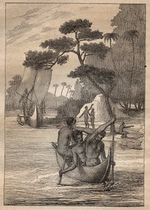 Wyprawa Nicolasa Thomasa Marion-Dufresne (Marion Dufresne) (1729-1772): kajaki z wysp Admiraut (Archipelag Bismarcka, Papua Nowa Gwinea) - ilustracja zaczerpnięta z „Wielkich żeglarzy XVIII wieku”” autorstwa Unknown artist