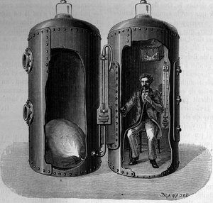 Doświadczenie fizjologa Paula Berta (1833-1886) dotyczące ciśnienia barometrycznego: oddychanie powietrzem suroksygenicznym rozszerza się wraz ze spadkiem ciśnienia. Grawerowanie w „”La Nature: revue des sciences et de leurs applications aux arts et a l