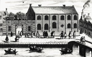 Widok z zewnątrz na budynek Uniwersytetu w Leiden założony w 1575 roku przez Guillaume de Nassau. Grawerowanie według „”Illustium Hollandiae, etc, Ordinum, Alma academia Leydensis”” autorstwa Unknown artist