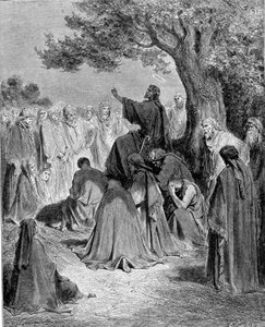 Wyciąg z Ewangelii św. Mateusza. Jezus Chrystus przemawia przed tłumem swoich uczniów. Rycina XIX wieku. autorstwa Unknown artist
