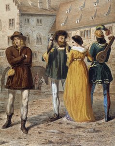 Sokolnik, dama i trubadur: scena uliczna w Strasburgu w średniowieczu. autorstwa Unknown artist