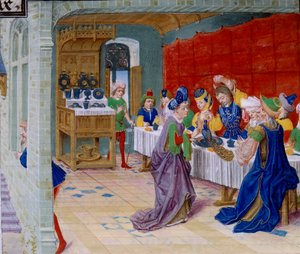 Scena biesiadnego posiłku, na stole podawany jest paw. Miniatura zaczerpnięta z „La Vraye Histoire du Bon Roy Alixandre” Callisthenesa lub Kallisthenesa (ok. 360-328 pne) autorstwa Unknown artist