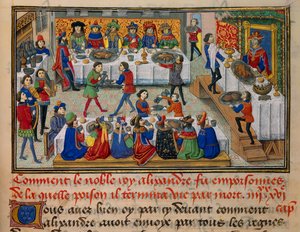 Scena biesiadnego posiłku, serwowanego królowi Aleksandrowi i jego dworzanom w ostatnich dniach jego życia. Miniatura zaczerpnięta z „La Vraye Histoire du Bon Roy Alixandre” Callisthenesa lub Kallisthenesa (ok. 360-328 pne) autorstwa Unknown artist
