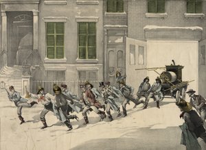 Strażacy odbierają telefony alarmowe z miejsca pożaru, akwarela z 1895 r. USA autorstwa Unknown artist