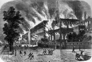 Pożar Trybunału Obrachunkowego i Legii Honorowej w dniu 23 marca 1871 r. podczas Komuny w Paryżu. Rycina XIX wieku. autorstwa Unknown artist
