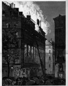Pożar Opery Comique (Opera-Comique) w Paryżu widziana z Rue Marivaux i Boulevard des Italians 26 maja 1887 r. Grawer w „Le monde illustrious”” autorstwa Unknown artist