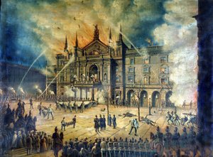 Pożar wiedeńskiej Opery Wiener Ringtheater w 1881 r. Rysunek z XIX wieku autorstwa Unknown artist