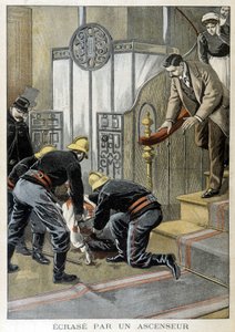 Strażacy ratujący mężczyznę rozbijają się pod windą w paryskim budynku. Ilustracja „Małego Dziennika” z 1899 roku. autorstwa Unknown artist
