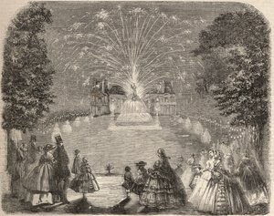Fajerwerki i iluminacja zamku Maison Laffitte (House-Laffitte) w wieczór konkursu komisji rolnej. Grawer w „Le Monde illustrious” z 1857 r. Ze zbiorów prywatnych. autorstwa Unknown artist