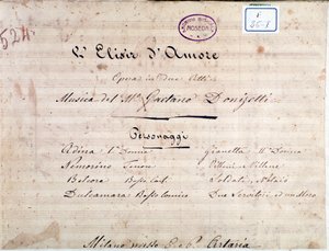 Pierwsza strona nut do opery Gaetano Donizettiego Eliksir miłości autorstwa Unknown artist