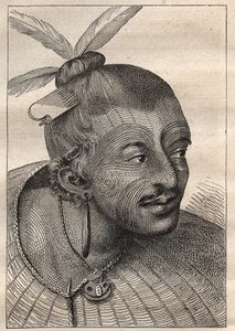 Pierwsza podróż (1768-1771) kapitana Jamesa Cooka (1728-1779): wytatuowana głowa Neo-Zelandais (Neo Zelandais) - ilustracja zaczerpnięta z „Wielkich marynarzy XVIII wieku”” autorstwa Unknown artist