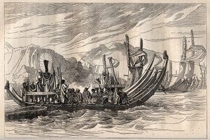 Pierwsza podróż (1768-1771) kapitana Jamesa Cooka (1728-1779): flota Tahiti zebrana w Oparee - ilustracja zaczerpnięta z „Wielkich marynarzy XVIII wieku”” autorstwa Unknown artist