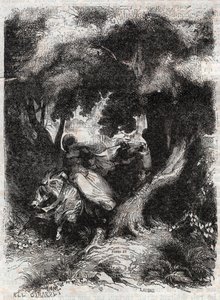 Ucieczka Angeliki (Angelica) podczas bitwy - rycina z 1851 r. z „”Wściekły Roland”” (Orlando furioso) (XVI w.) Ludovico Ariosto, zwanego Ariosta - Wydanie przetłumaczone z włoskiego przez hrabiego Tressan i wydane przez Gustave Harva autorstwa Unknown artist