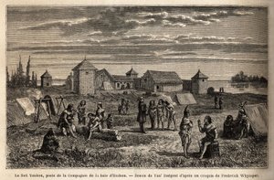 Fort Youkon, w Zatoce Norton na Alasce, założony w 1847 roku, założony przez Hudson Bay Company, Indianie obozowali wokół palisad. Grawerowanie ilustrujące podróż i przygody w angielskiej Kolumbii, wyspie Vancouver i Alasce, autorstwa Frederick autorstwa Unknown artist