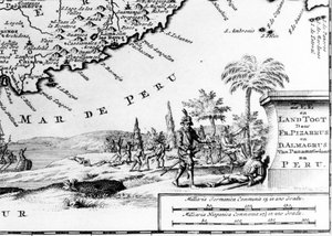 Francisco Pizarro (w fr. Francois Pizarre) reprezentowany na mapie Peru. XVII wiek. autorstwa Unknown artist