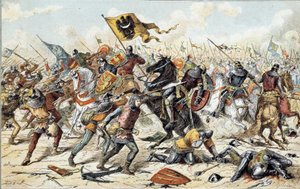 Wojna francusko-angielska (1202-1214): Bitwa pod Bouvines 27.07.1214 pomiędzy francuską armią Philippe Auguste a Flamandami i Welfami z Othona IV. Zwycięstwo francuskie było decydujące dla wyniku wojny. 19 wiek. Paryż, Musée de l