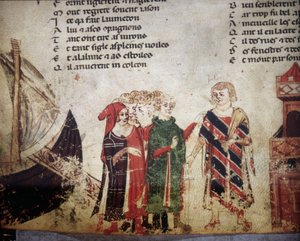 Francuski kupiec w Wenecji. Miniatura „Roman de Troy” autorstwa Benoit de Saint Maure. XIV-wieczna Biblioteca Marciana, Wenecja autorstwa Unknown artist