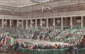 Rewolucja francuska - Zgromadzenie Narodowe zrzeka się wszystkich przywilejów, 4 sierpnia 1789, grawerowane przez Helmana - Assemblee - Nationale Abandonment de tous - les privileges, a Versailles, Seance de la - Nuit du 4 au 5 avril 1789 autorstwa Unknown artist
