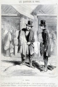 Fripier z dzielnicy świątynnej w Paryżu próbuje sprzedać ubrania mężczyźnie. Rycina XIX wieku. autorstwa Unknown artist