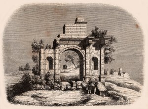 Widok z przodu na rzymski łuk Dżemila w Algierii: dwóch francuskich żołnierzy pozujących przed ruinami autorstwa Unknown