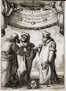 Frontyspicjum „”Dialogu o dwóch wielkich systemach świata”” (dialogo sopra i due massimi sistemi del mondo) na zlecenie papieża Urbana VIII astronomowi i fizykowi Galileo Galilei dit Galilee (1564-1642) około 1620 r. i opublikowane w 1632 r. . To autorstwa Unknown artist