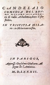 Frontispice of „”Il candelaio”” (Świecznik) autorstwa Giordano Bruno (1546-1600), włoskiego filozofa i teologa. 1582 autorstwa Unknown artist
